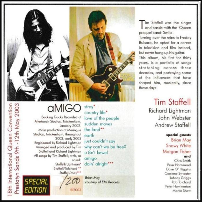Tim Staffell 'Amigo' UK Special Edition CD back sleeve