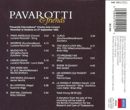Various Artists 'Pavarotti & Friends' UK CD back sleeve