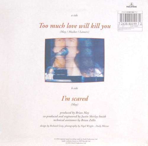 Brian May 'Too Much Love Will Kill You' UK 7" back sleeve