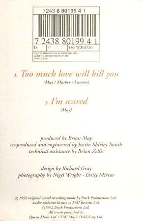 Brian May 'Too Much Love Will Kill You' UK cassette back sleeve