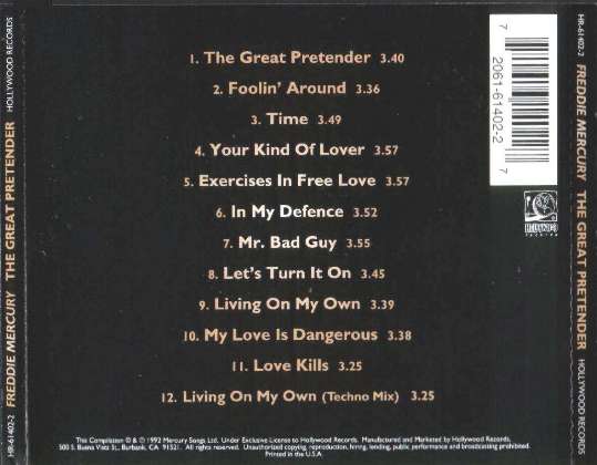 Freddie Mercury 'The Great Pretender' US CD back sleeve