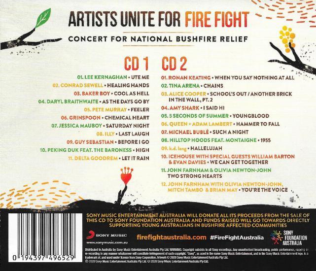 Various Artists "Artists Unite For Fire Fight: Concert For National Bushfire Relief" Australia CD back sleeve