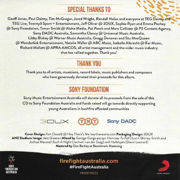 Various Artists "Artists Unite For Fire Fight: Concert For National Bushfire Relief" Australia CD booklet back sleeve