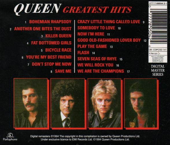 Queen 'Greatest Hits' UK 1994 digital remaster CD back sleeve