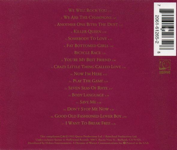 Queen 'Greatest Hits' US 1992 CD back sleeve