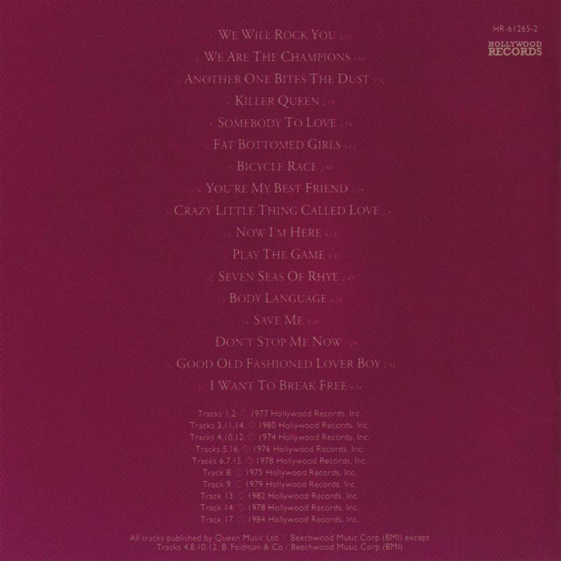 Queen 'Greatest Hits' US 1992 CD repressing booklet back sleeve