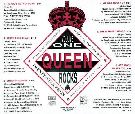 Queen 'Queen Rocks' US volume 1 promo CD back sleeve