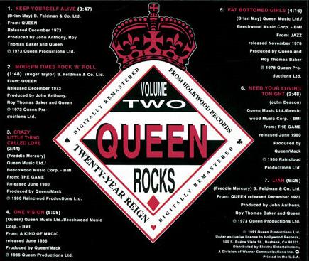 Queen 'Queen Rocks' US volume 2 promo CD back sleeve