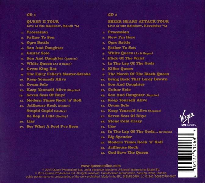Queen 'Live At The Rainbow '74' double CD back sleeve