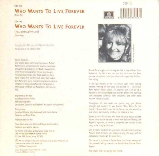 Ian & Belinda 'Who Wants To Live Forever' UK 7" back sleeve