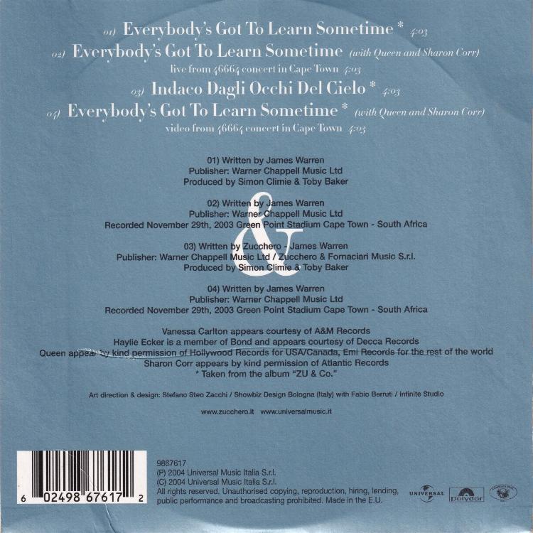 Zucchero 'Everybody's Got To Learn Sometime' Italian CD back sleeve