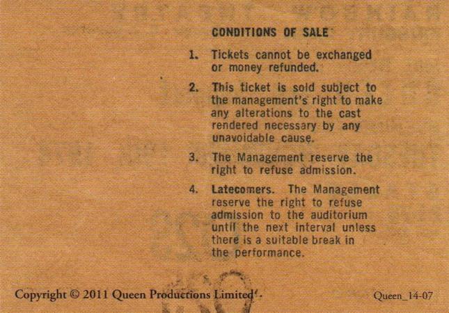 1974 Rainbow Theatre concert ticket back
