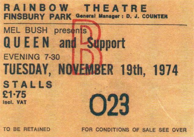 1974 Rainbow Theatre concert ticket front