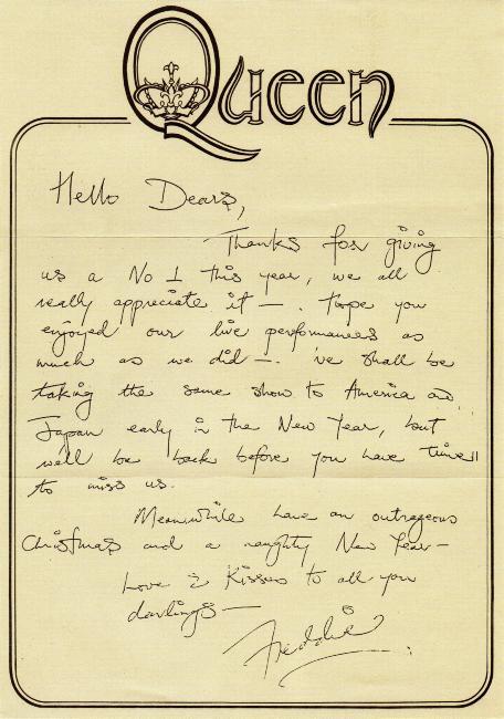 1975 Freddie Mercury handwritten fan club letter