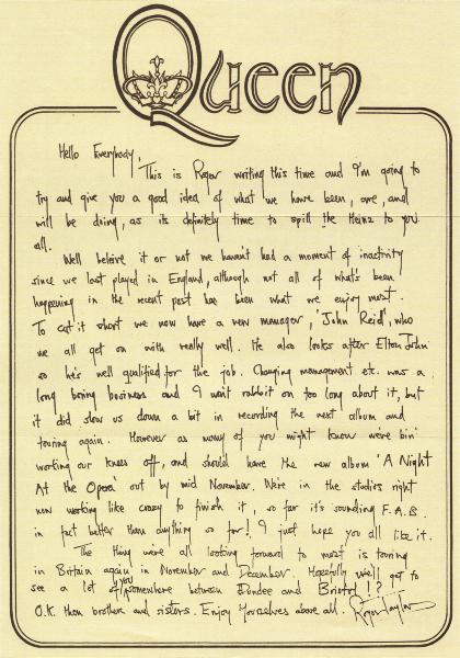 1975 Roger Taylor handwritten fan club letter