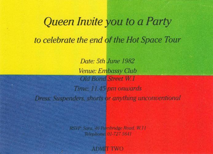 'Hot Space' end of tour party invitation