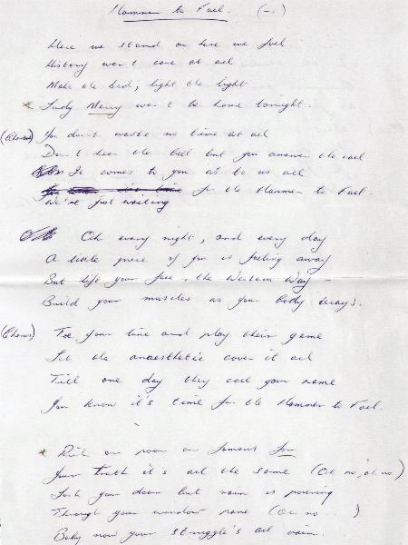 'Hammer To Fall' handwritten lyrics front