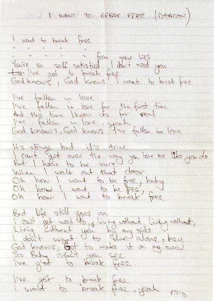 'I Want To Break Free' hardwritten lyrics front