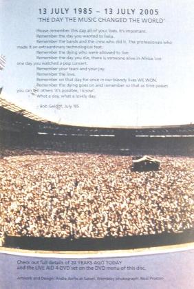 Various Artists 'Live Aid 20 Years Ago Today' UK DVD inner sleeve