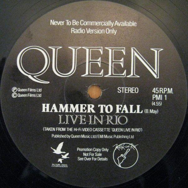 Queen 'Hammer To Fall' UK 12" promo label