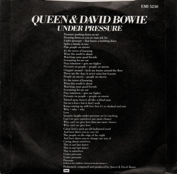 Queen 'Under Pressure' UK 7" back sleeve