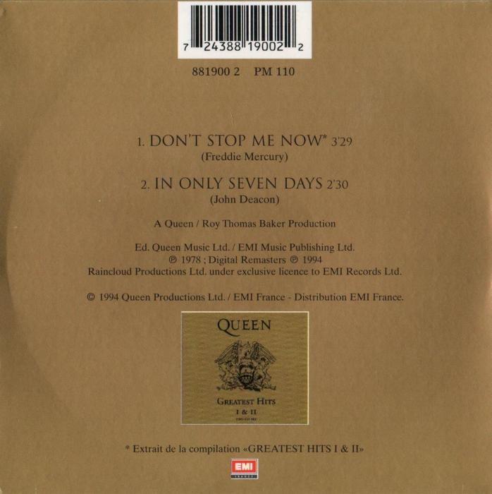 Queen 'Don't Stop Me Now' French CD back sleeve