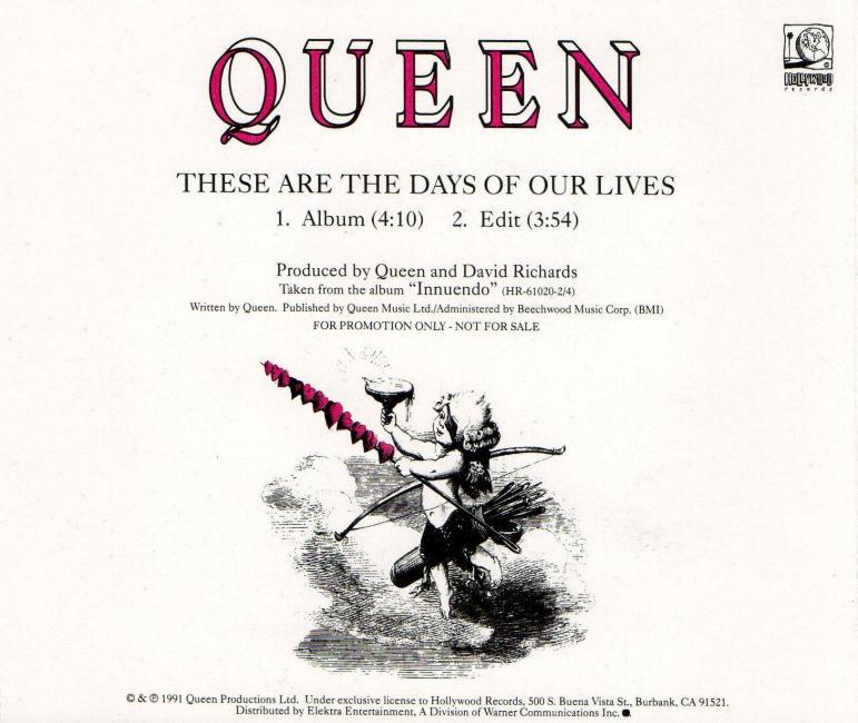 Queen 'These Are The Days Of Our Lives' US 2 track promo CD back sleeve