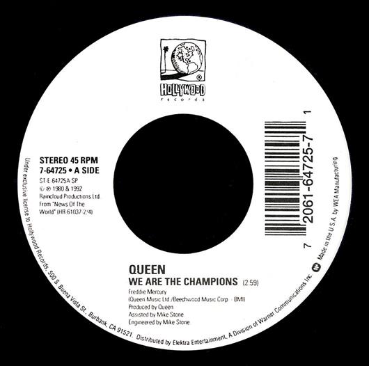 Queen 'We Are The Champions' US 7" label