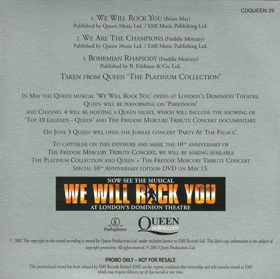 Queen 'We Will Rock You' UK promo CD back sleeve