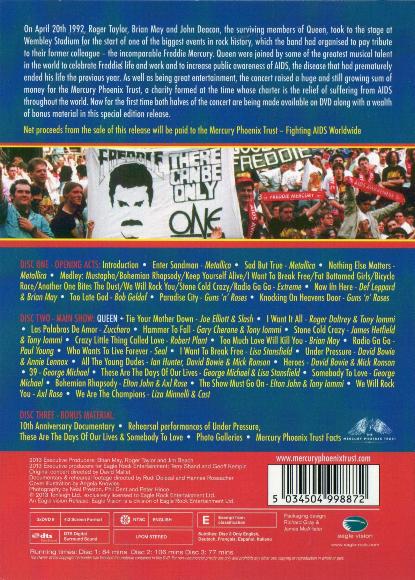 Queen 'The Freddie Mercury Tribute Concert' UK 2013 reissue DVD back sleeve