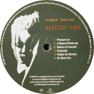 Roger Taylor 'Electric Fire' UK LP label