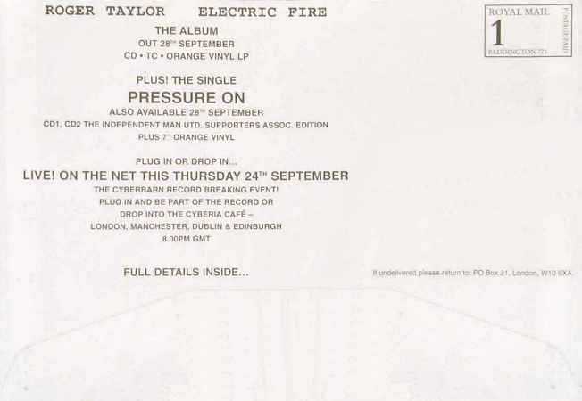 Roger Taylor 'Electric Fire' promo envelope back